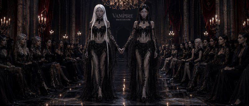 Two models in matching black gothic lace gowns hold hands walking a dim vampire haute couture run...