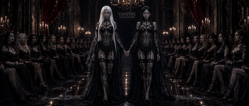 Two models in intricate black gothic couture hold hands while walking a candle-lit vampire fashio...