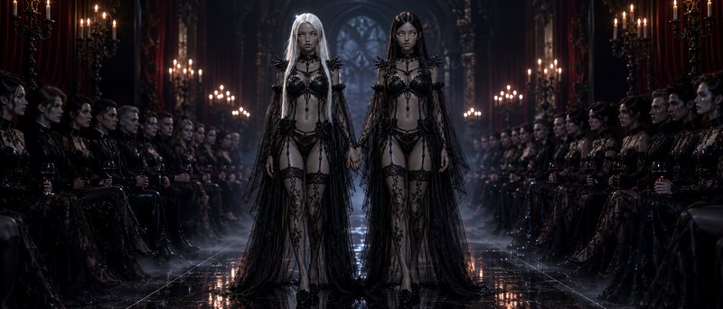 Two gothic couture models hold hands while walking down a misty candlelit runway flanked by seate...