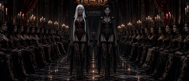Two gothic fashion models walk a candlelit runway at a vampire haute couture show, flanked by sea...