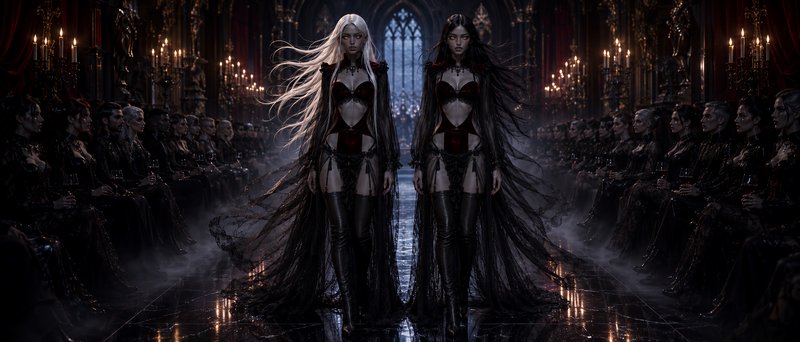 Two gothic female models walk side-by-side down a misty runway inside a candlelit ornate gothic c...