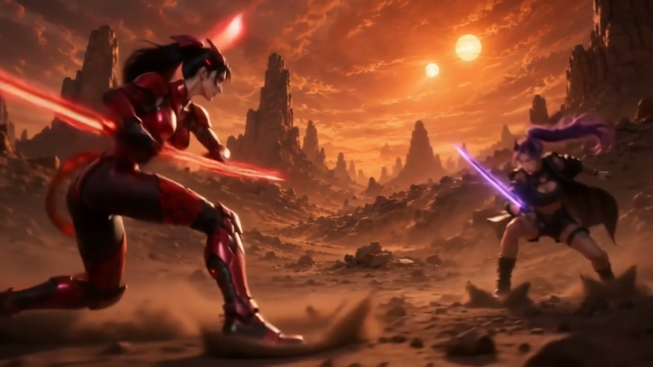Two female sci-fi warriors duel with glowing energy swords on a rocky twin-sun alien desert at or...