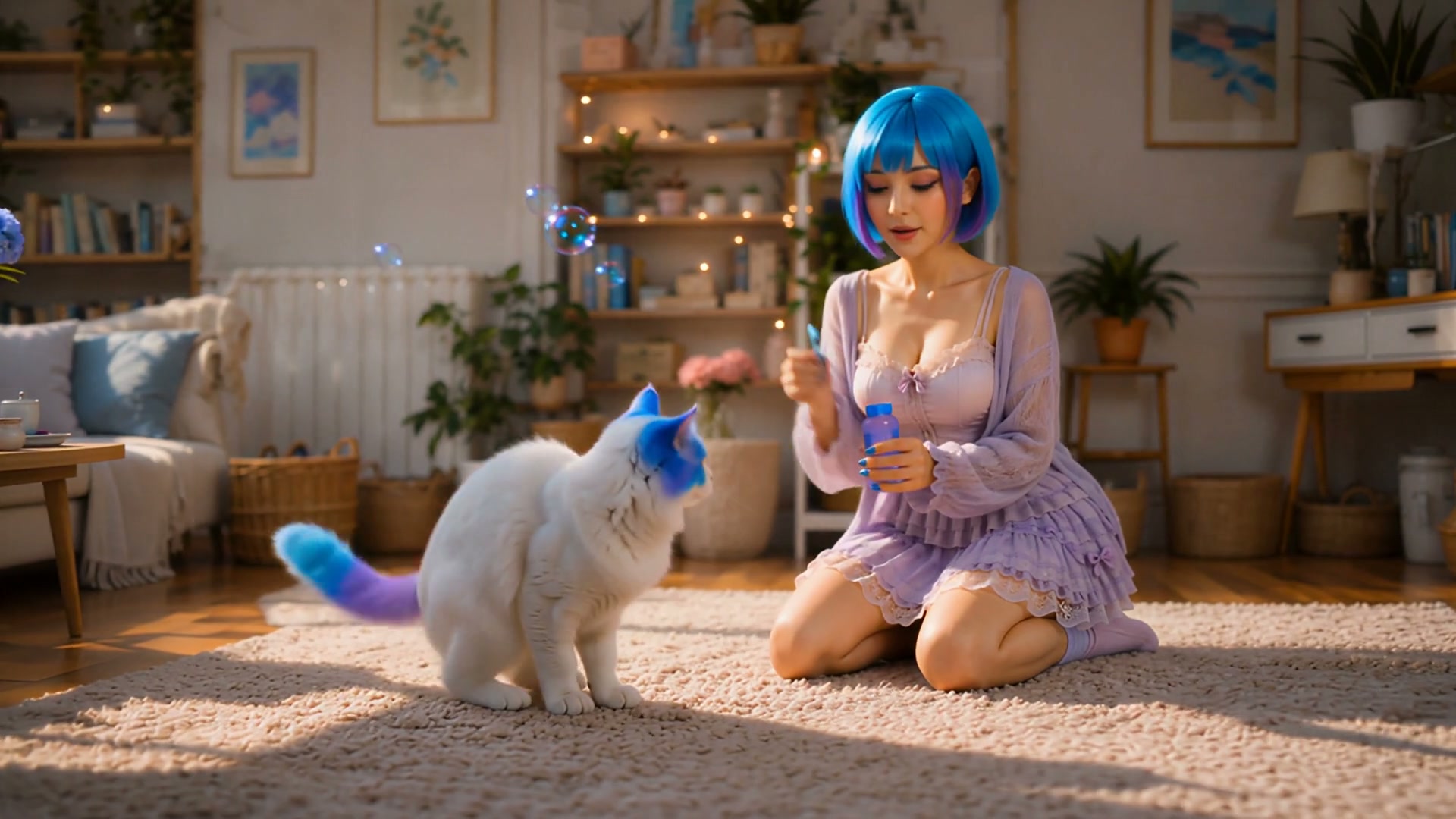 Woman with blue gradient wig blows bubbles for a fluffy white cat with blue ears in a sunlit cozy...