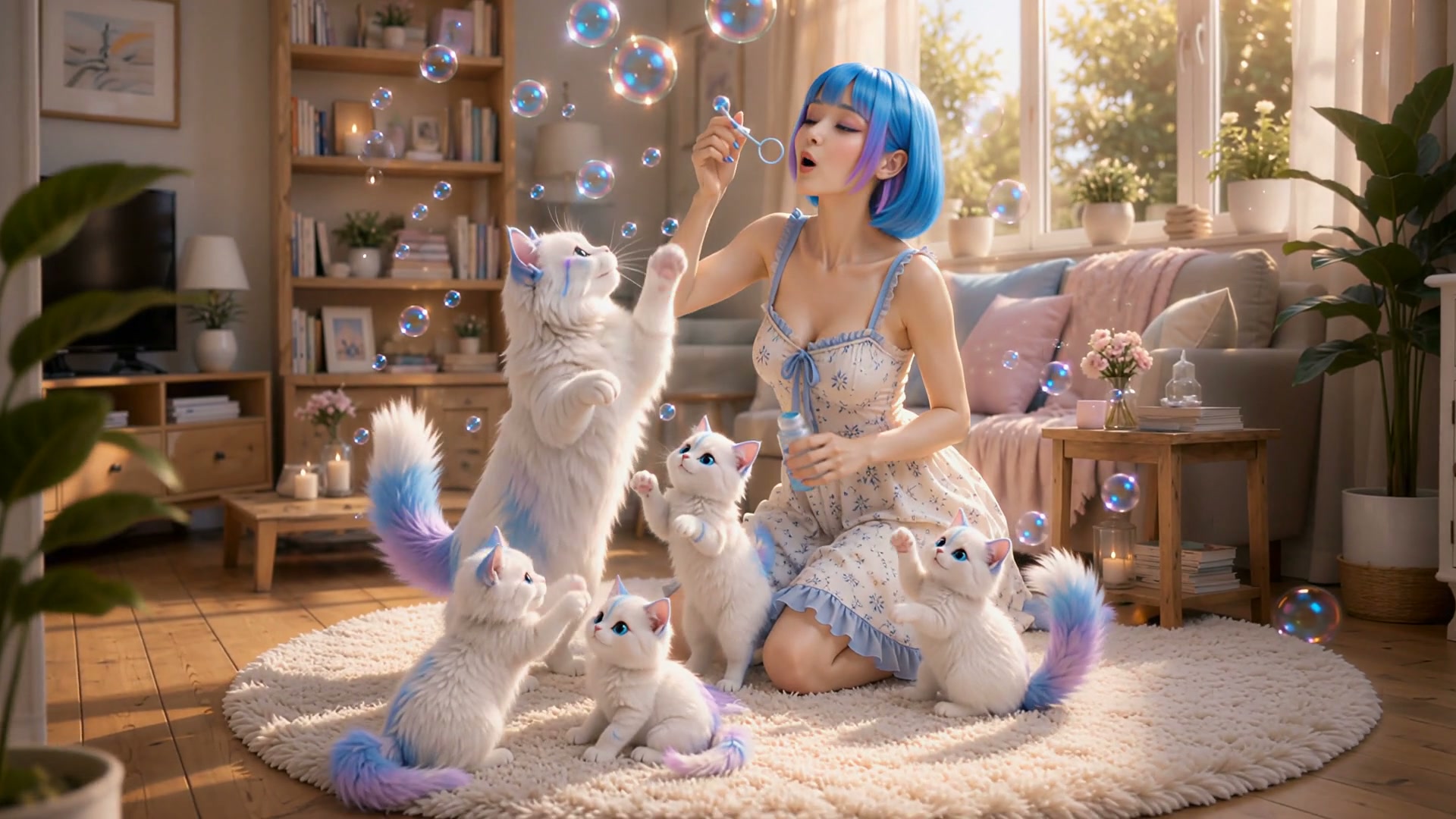 Blue haired woman blows soap bubbles for fluffy pastel fantasy cats on a plush sunlit living room...