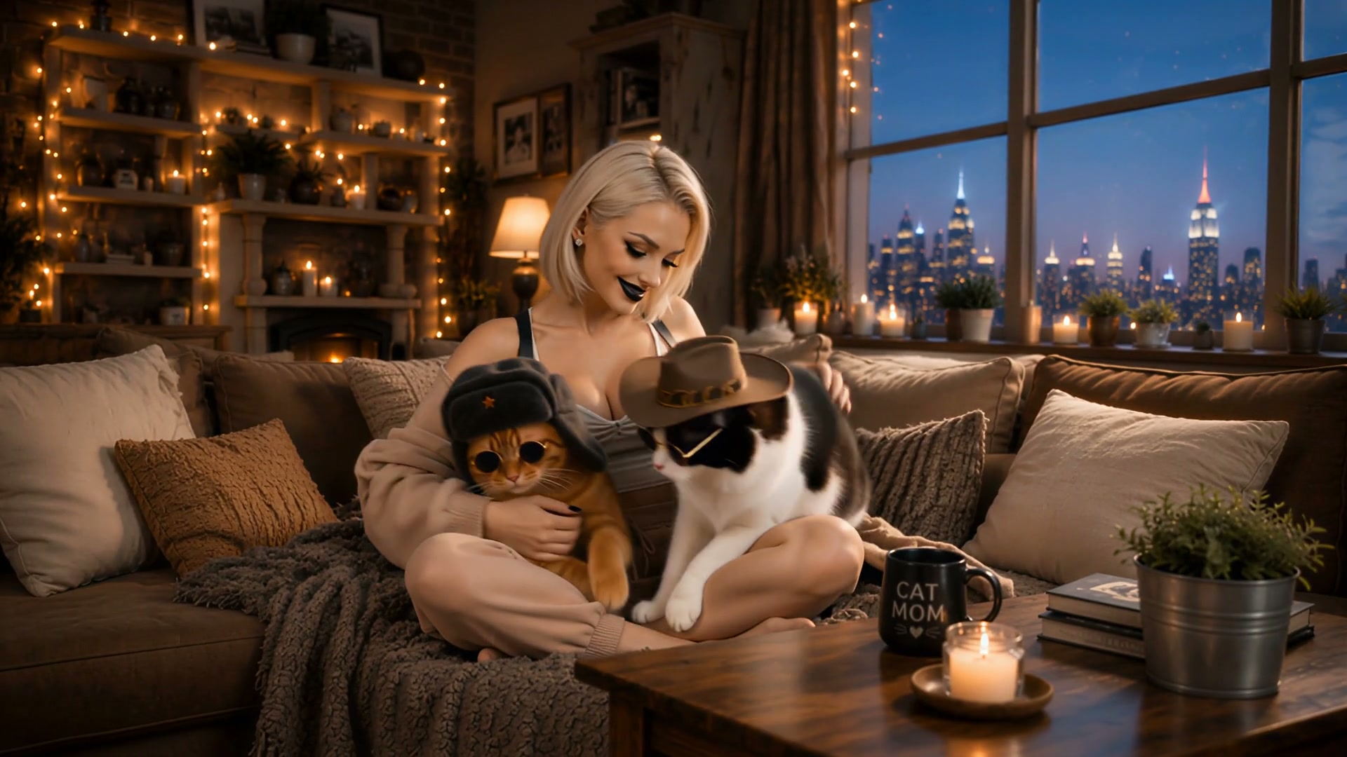 Smiling blonde cat mom sits on cozy couch with two stylish cats in hats and sunglasses, twilight ...