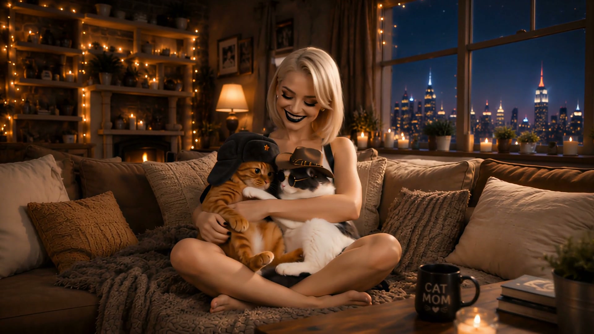 Smiling blonde cat mom sits cross-legged on a cozy couch holding two hat-wearing cats, with night...