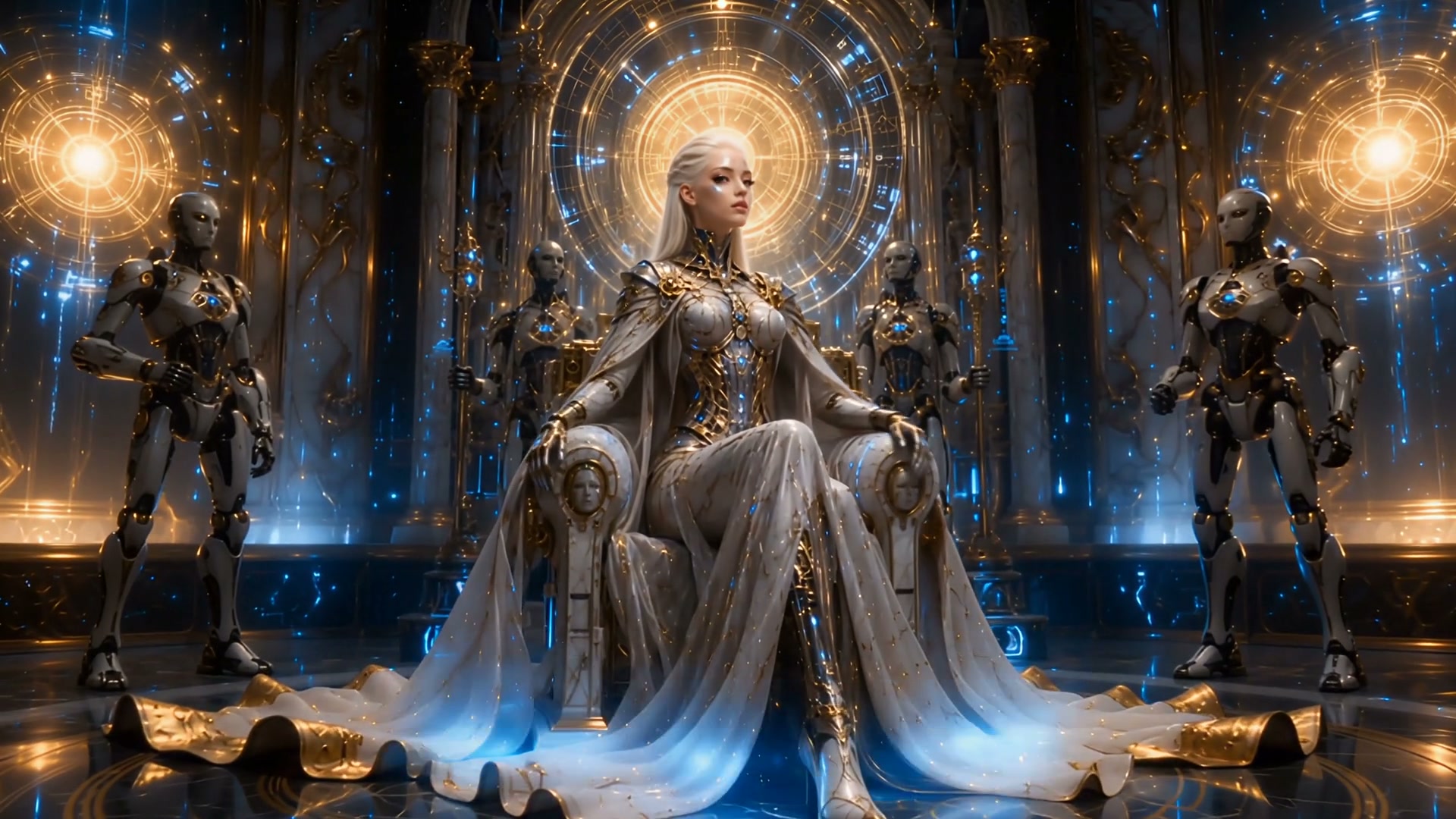 Futuristic cyber empress seated on an ornate throne, flanked by humanoid android guards in a glow...