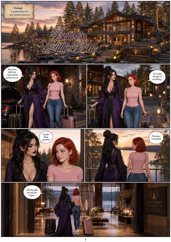 Multi-panel romance comic page for *Batori's Little Bird*, showing two women arriving at a luxury...
