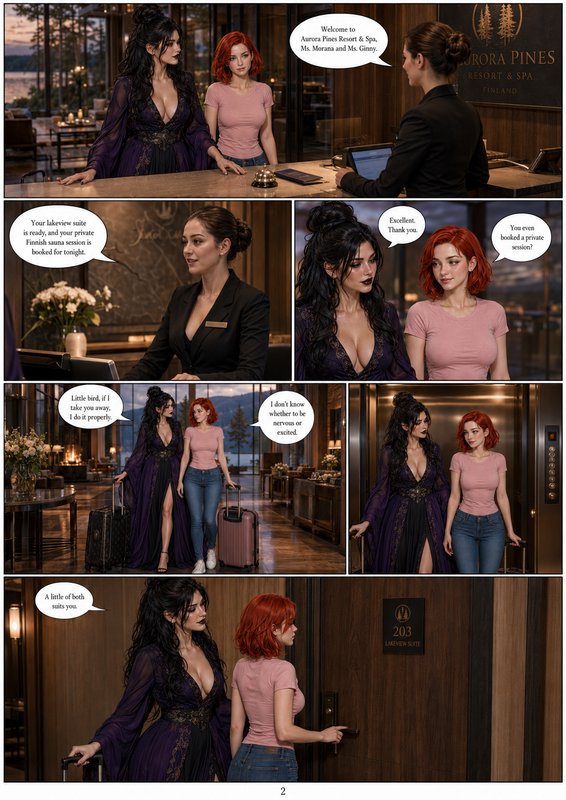6-panel webcomic page depicting two women checking into the upscale Aurora Pines Resort & Spa at ...