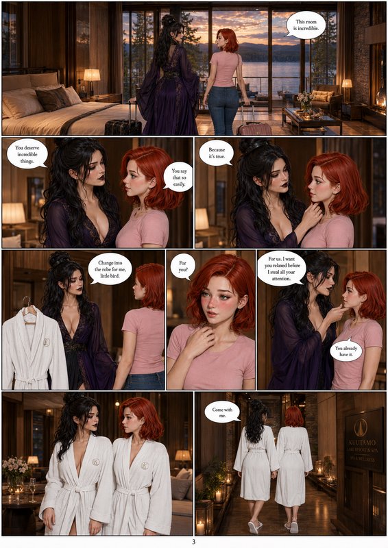 Multi-panel queer romance comic page showing two women checking into a luxury lake resort suite a...