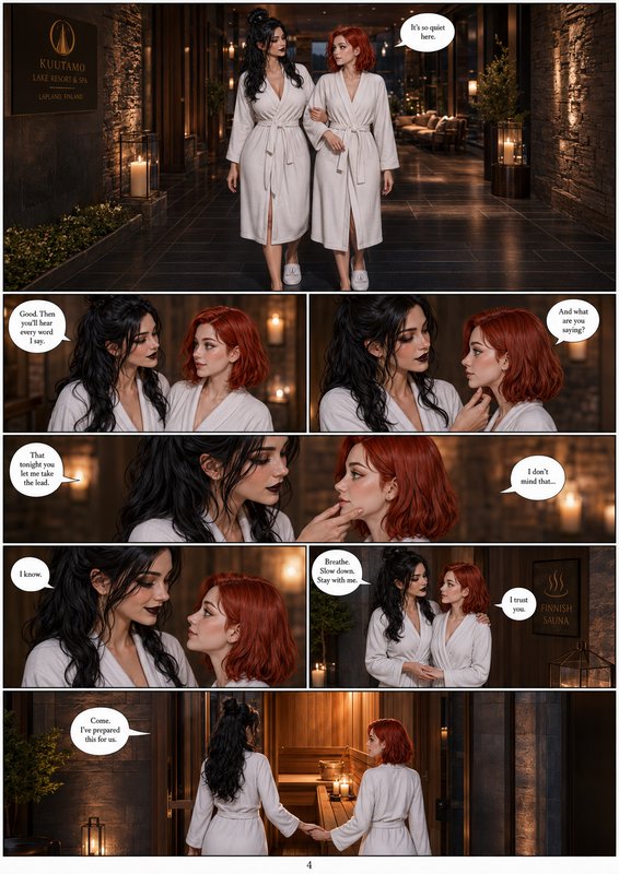 Page 4 romance comic strip of two women in white spa robes sharing a tender moment walking to a c...