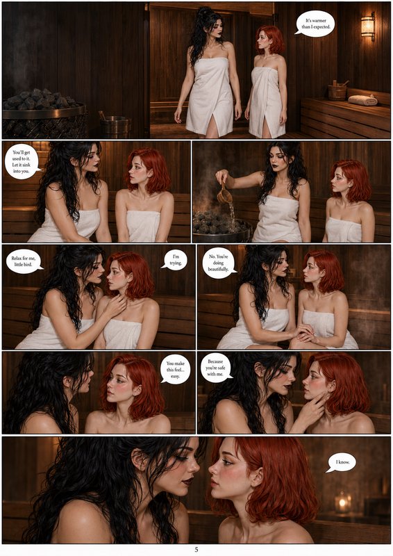 Sequential comic page showing an intimate tender scene between two towel-wrapped women inside a w...