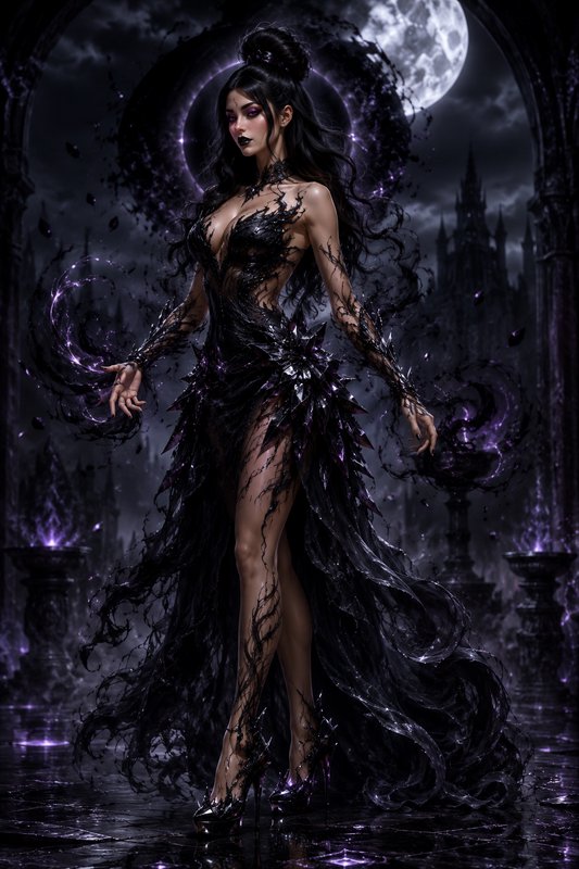 Dark fantasy sorceress in ornate black gown wields swirling purple magic under a full moon gothic...