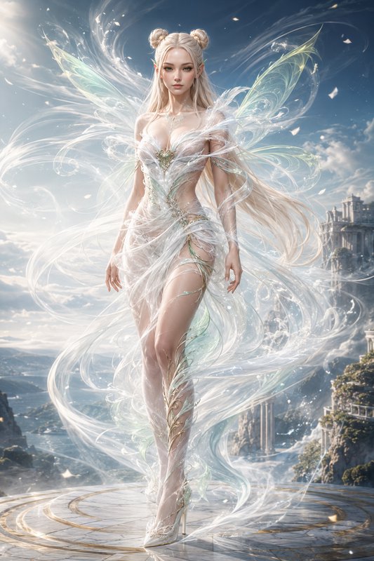 Ethereal platinum blonde fairy elf with translucent wings stands on a magical platform overlookin...
