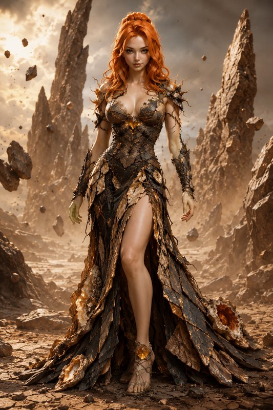 Regal red-haired earth elemental woman stands in a rocky stormy wasteland wearing an organic crys...