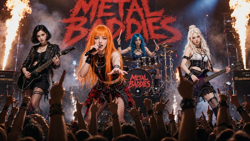 All-female heavy metal band performs on a fiery concert stage, frontwoman reaching out to cheerin...