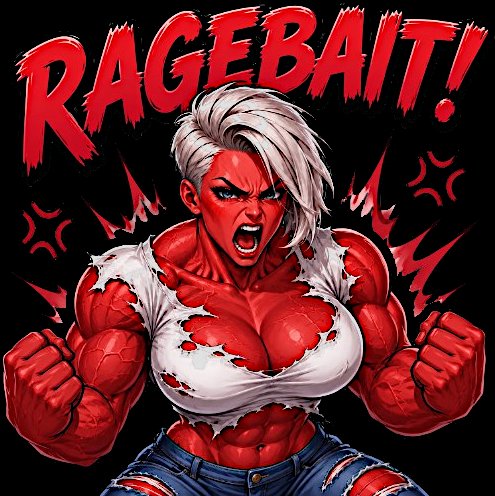 Enraged muscular red-skinned female comic character, bold jagged "RAGEBAIT!" text above, clenched...
