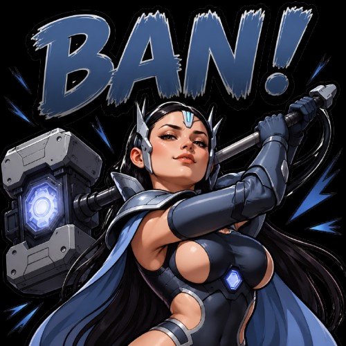 Stylized sci-fi female warrior holding a glowing energy hammer, bold "BAN!" text over a dark comi...