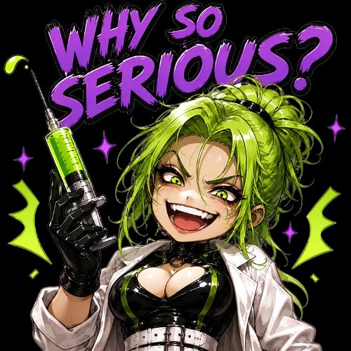 Grinning green-haired anime mad scientist holds a glowing syringe beneath bold purple "WHY SO SER...