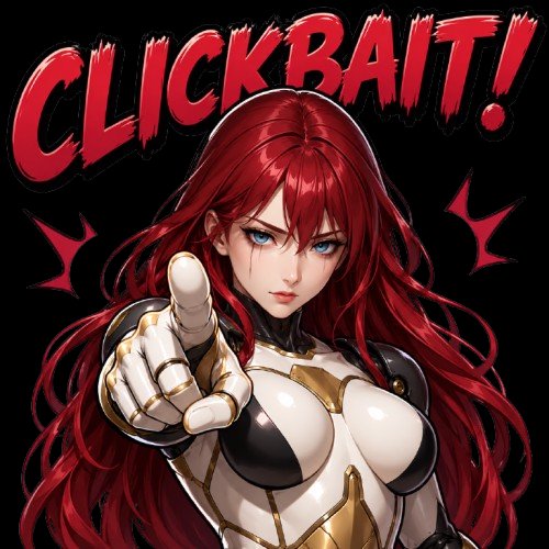 Anime armored red-haired woman points directly at viewer, with bold red CLICKBAIT text on a solid...