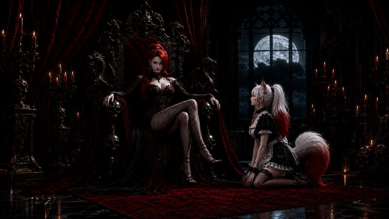 Red-haired gothic queen sits on ornate skull throne, as kitsune maid kneels before her in moonlit...