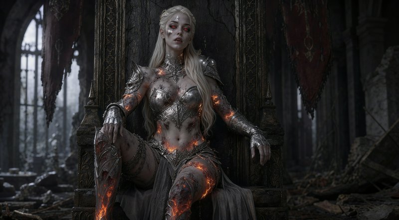 Undead elven queen with glowing ember cracks under silver armor sits on an ornate decaying throne...