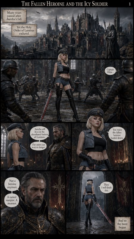 Page 1 of dark fantasy comic The Fallen Heroine and the Icy Soldier, introducing Captain Hilda ta...