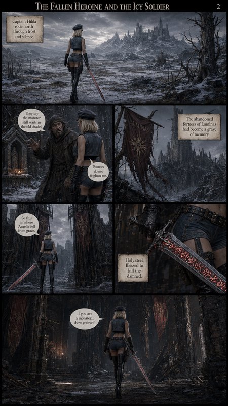 Dark fantasy comic page following warrior Captain Hilda as she approaches a cursed frozen abandon...