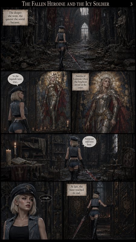 Page 3 of dark fantasy comic: swordswoman explores ruined gothic cathedral, finds mural of legend...
