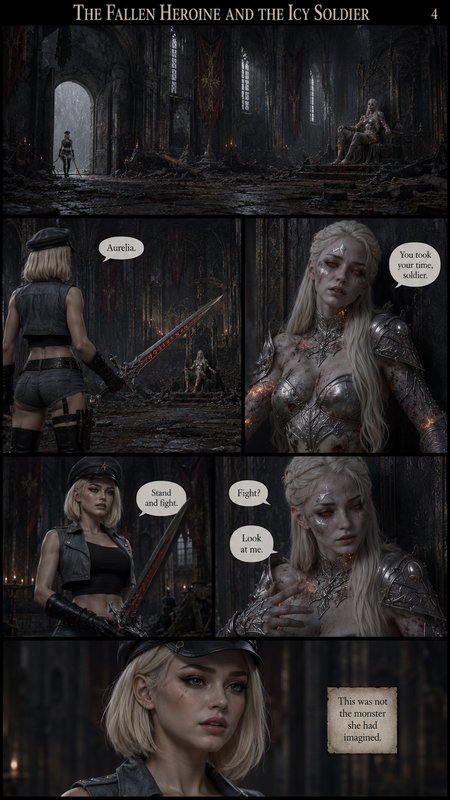 Page 4 of dark fantasy comic "The Fallen Heroine and the Icy Soldier" showing two warrior women c...