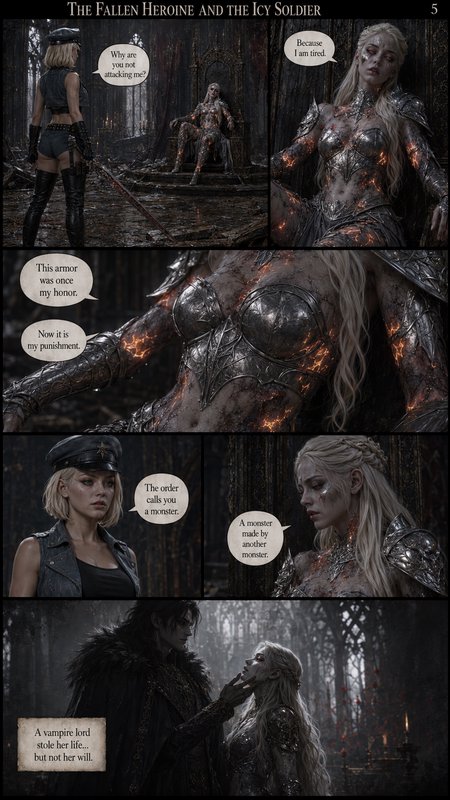 Dark fantasy comic page 5: The Fallen Heroine and the Icy Soldier sequential dialogue panels in a...
