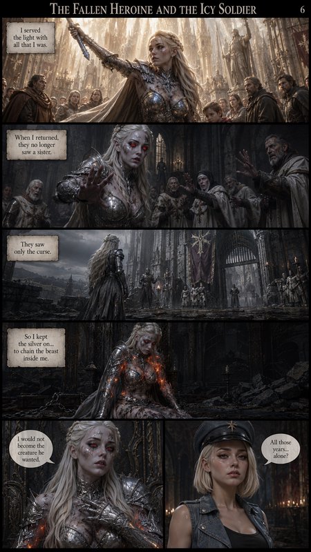 6-panel grimdark fantasy comic page for "The Fallen Heroine and the Icy Soldier" depicting a curs...