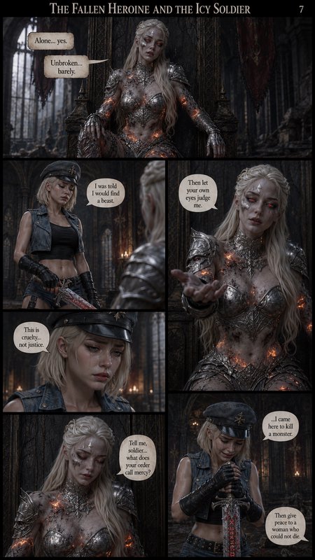 Dark fantasy comic page showing a wounded corrupted armored fallen heroine confronting a soldier ...