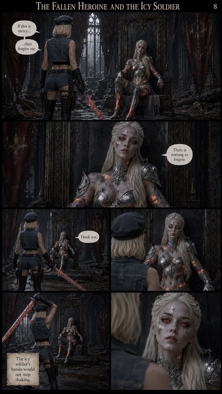 6-panel dark fantasy comic page showing a tense mercy scene between a soldier and corrupted armor...
