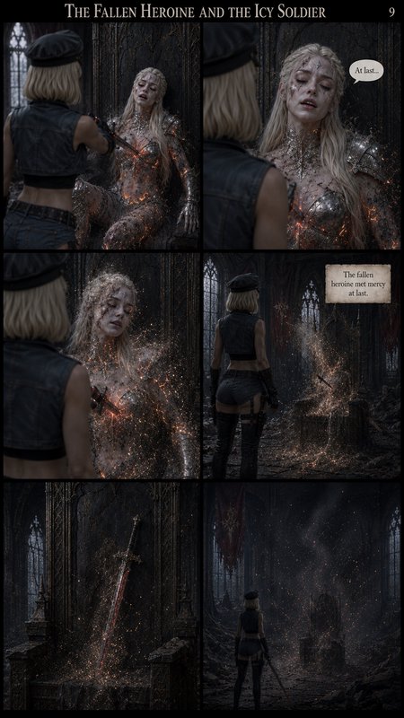 6-panel dark fantasy comic page 9, showing an injured armored heroine dissolving after receiving ...