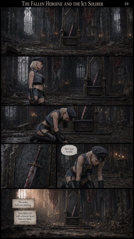 Sequential comic page of a grieving female soldier mourning her fallen comrade inside a ruined go...