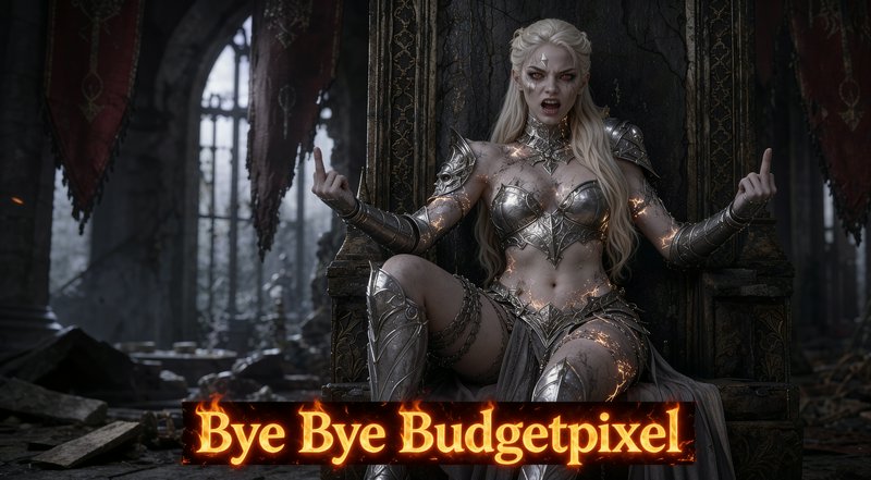 Armored dark fantasy queen on a crumbling stone throne flipping off the viewer, fiery "Bye Bye Bu...