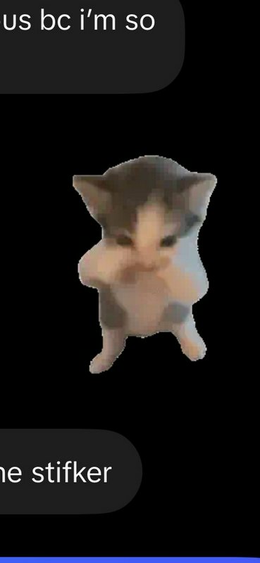 Pixelated dancing happy cat meme sticker positioned between dark mode chat message bubbles on a b...