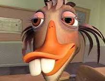 Close-up of goofy 3D animated bird character with buck teeth, bright orange beak, and half-lidded...