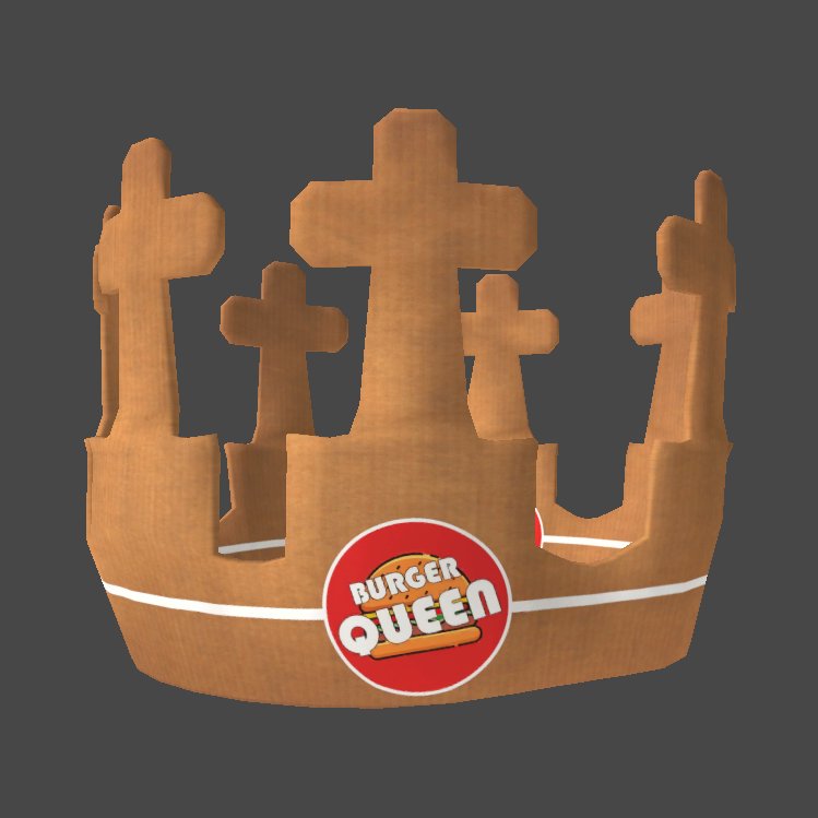 Low poly 3D render of a brown cardboard Burger Queen novelty cross-topped crown on a plain dark g...