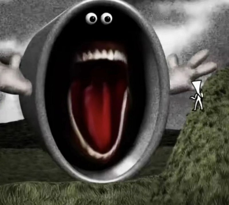 Anthropomorphic metal pipe monster with googly eyes screams, looming over a tiny cone-headed stic...