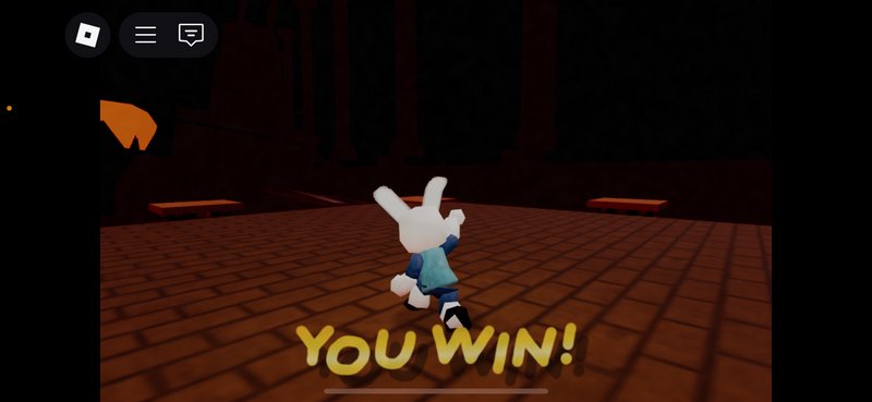 Low-poly Roblox white bunny avatar celebrates, golden "YOU WIN!" text displayed over a dim brick ...