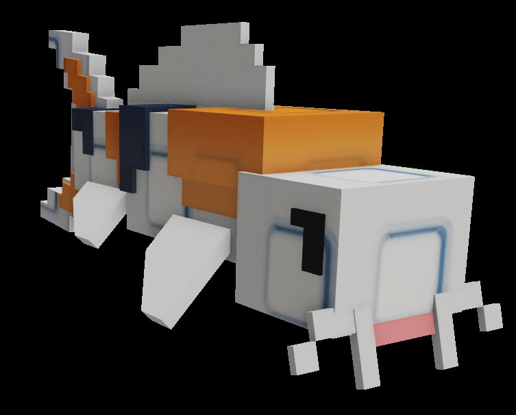Blocky voxel 3D render of a pixelated axolotl game mob, isolated on a solid black background