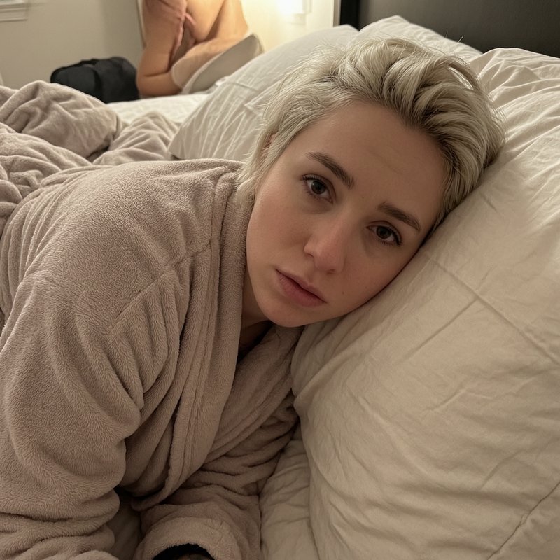 Young platinum blonde person in a soft bathrobe lying relaxed on a cozy bed
