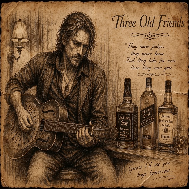Distressed aged parchment sketch of a grizzled man playing guitar beside whiskey bottles, with "T...