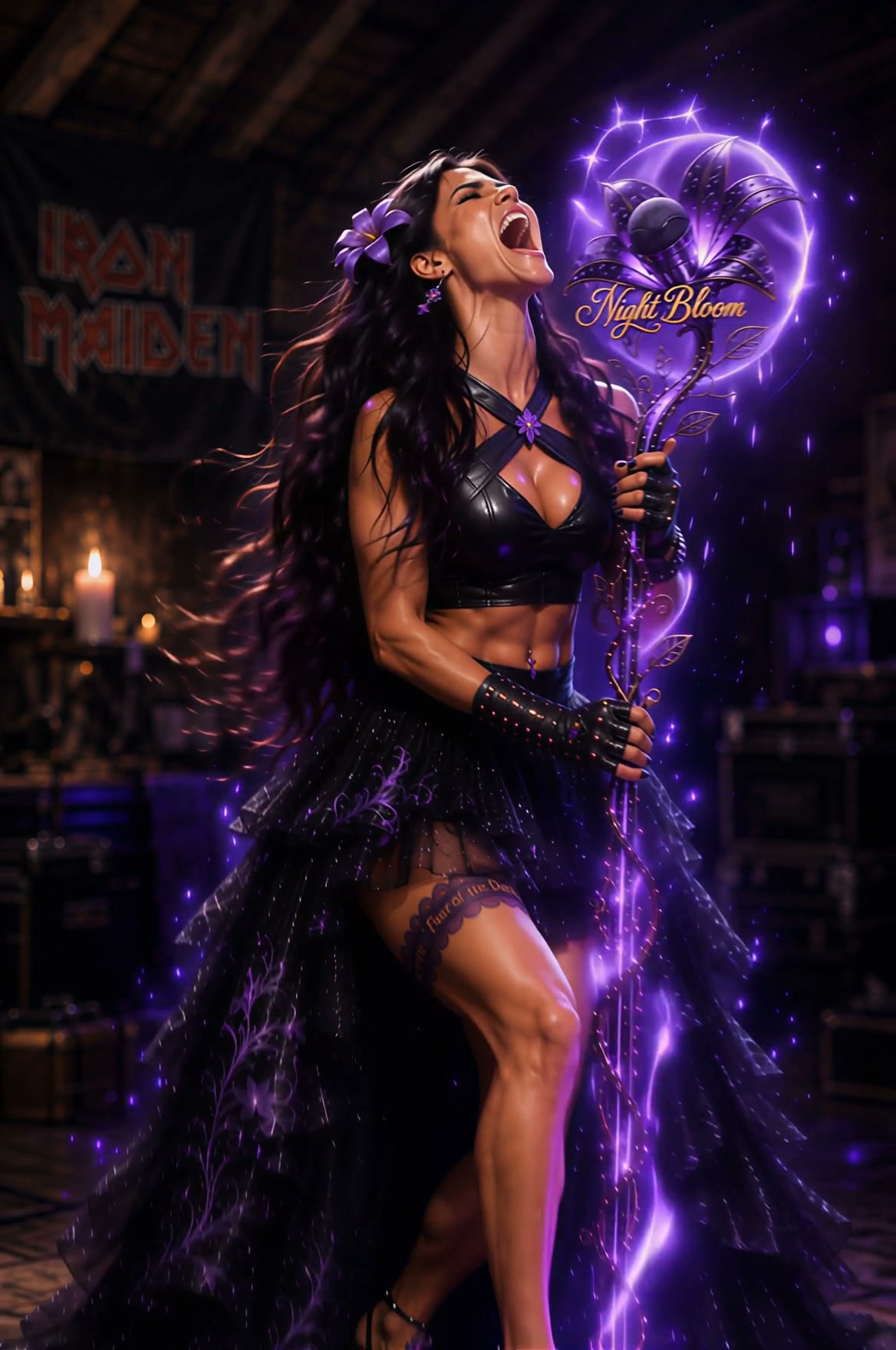 Powerful fantasy female rock performer shouts while holding a glowing purple magical Night Bloom ...
