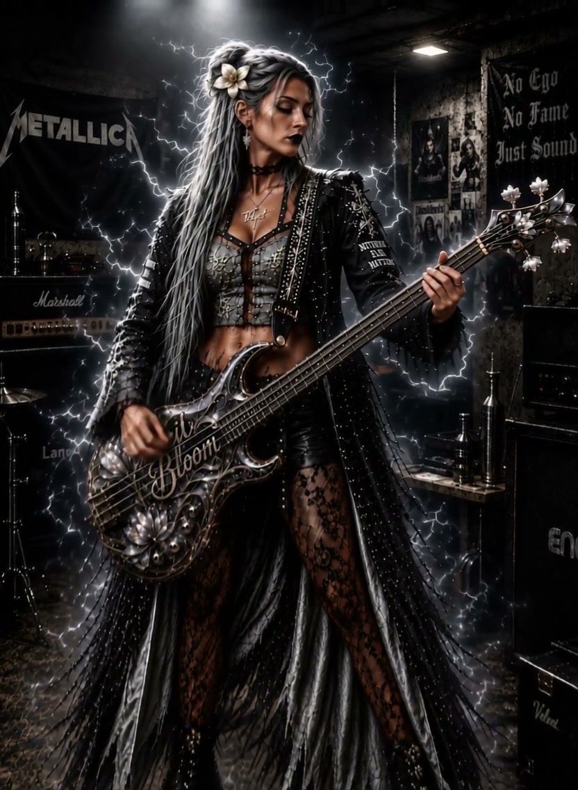 Gothic female metal bassist plays an ornate custom bass guitar, surrounded by glowing lightning i...