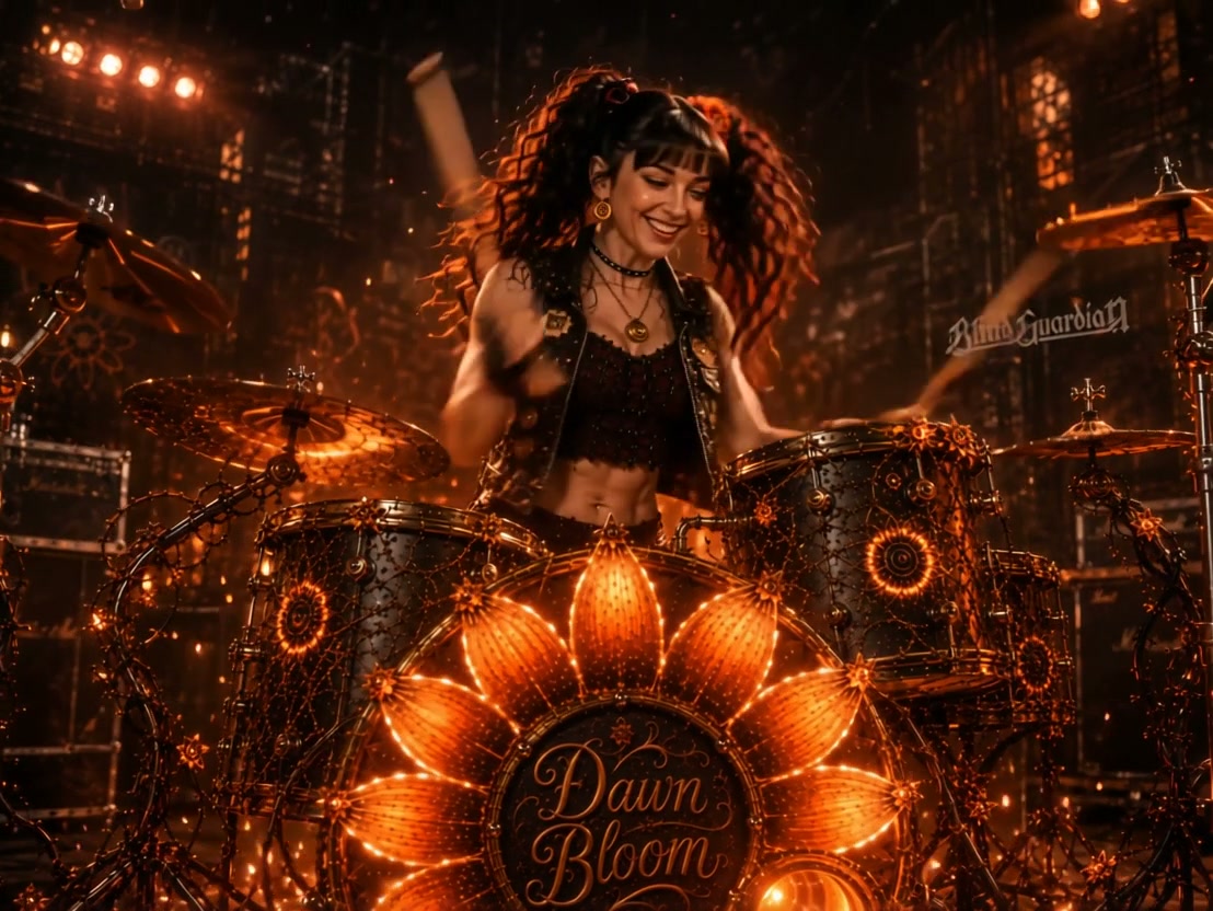 Smiling female drummer with curly pigtails plays an ornate glowing "Dawn Bloom" steampunk drum ki...