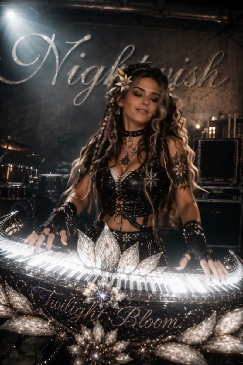 Female symphonic metal keyboardist plays an ornate glowing keytar on a Nightwish branded concert ...