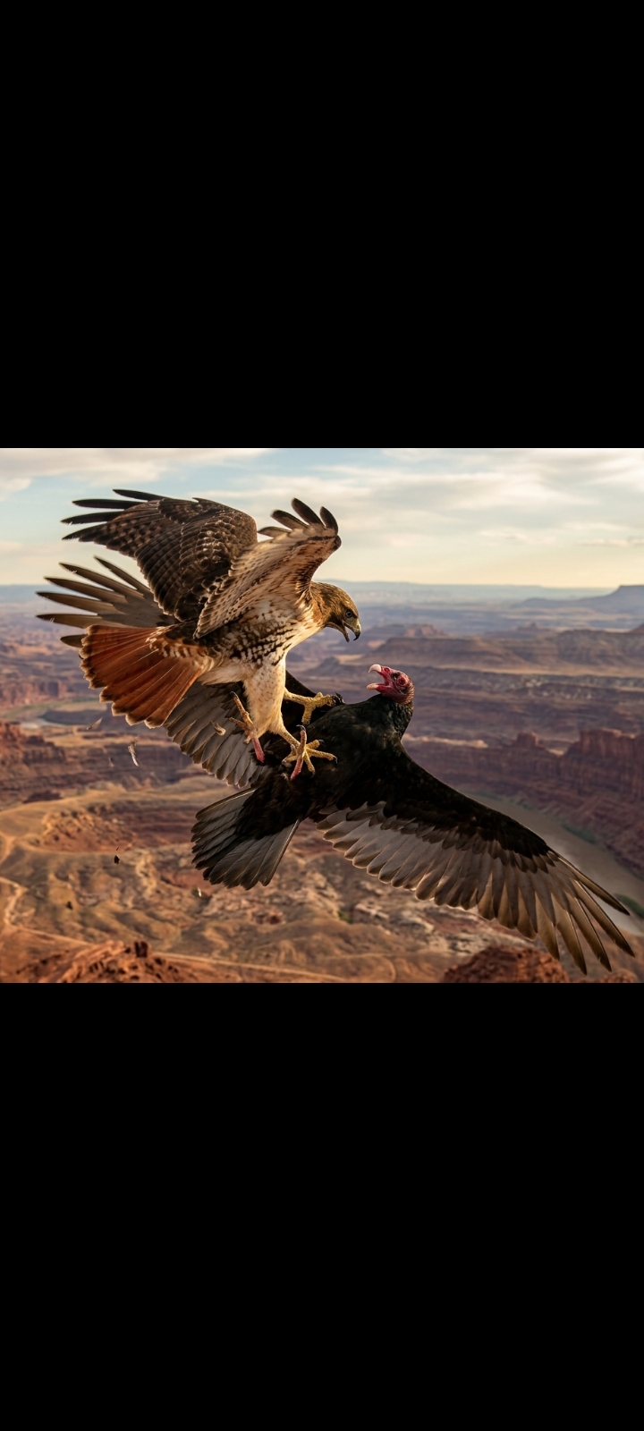 Red-tailed hawk grapples mid-flight with a turkey vulture high above a desert canyon landscape